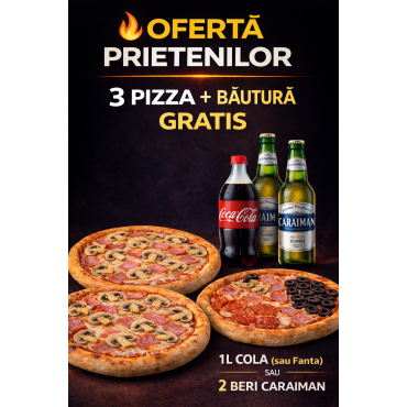 Comanzi 3 pizza si ai la alegere 1l Cola(Fanta) sau 2 beri Caraiman